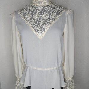 Vtg 70s Victorian Lace Long Sleeve Blouse High Collar Pearl Button Closure Sz S